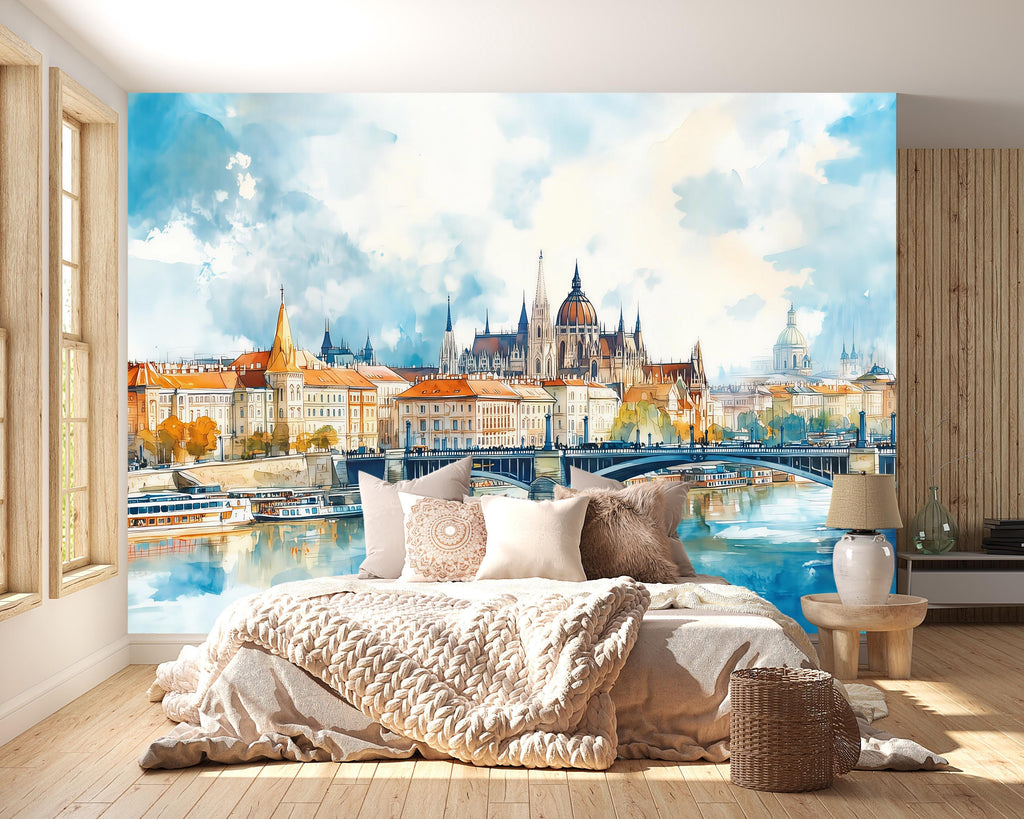 Budapest Parliament Wallpaper – Watercolor 3D Wall Mural of Danube River Bridge for Bedroom Living Room Office – Bold Modern Stylish Wall
