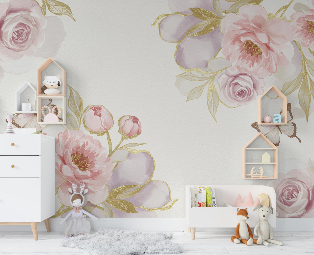 Luxury Butterfly and Flower Wallpaper Mural – Blush Pink Peonies, Gold Accents, Elegant Watercolor Wall Art for Girls Bedroom Nursery 882RS