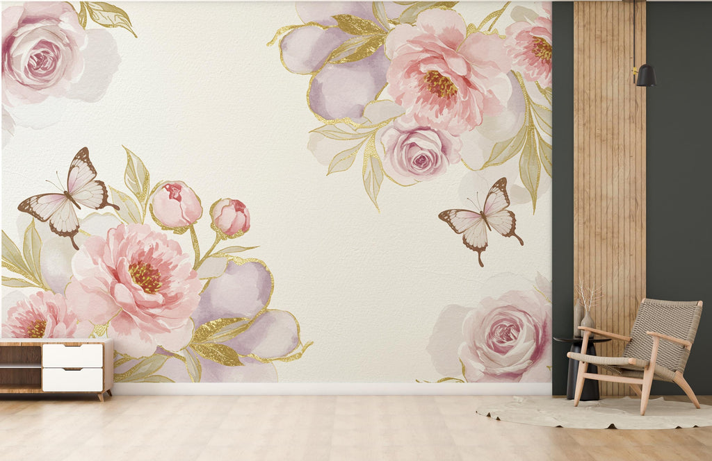 Luxury Butterfly and Flower Wallpaper Mural – Blush Pink Peonies, Gold Accents, Elegant Watercolor Wall Art for Girls Bedroom Nursery 882RS