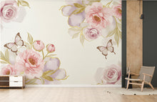 Load image into Gallery viewer, Luxury Butterfly and Flower Wallpaper Mural – Blush Pink Peonies, Gold Accents, Elegant Watercolor Wall Art for Girls Bedroom Nursery 882RS