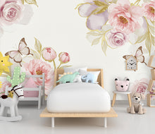 Load image into Gallery viewer, Luxury Butterfly and Flower Wallpaper Mural – Blush Pink Peonies, Gold Accents, Elegant Watercolor Wall Art for Girls Bedroom Nursery 882RS