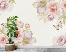 Load image into Gallery viewer, Luxury Butterfly and Flower Wallpaper Mural – Blush Pink Peonies, Gold Accents, Elegant Watercolor Wall Art for Girls Bedroom Nursery 882RS