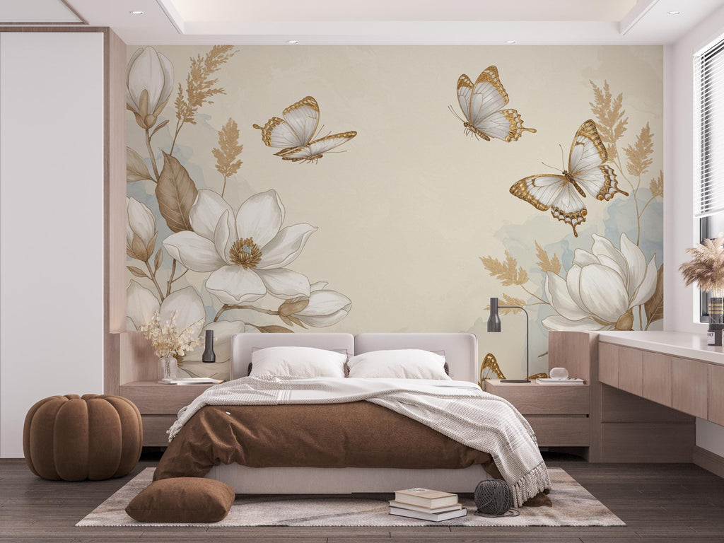 Butterfly and Flower Wallpaper Mural – Blush Pink Peonies, Gold Accents, Elegant Watercolor Wall Art for Girls Bedroom Nursery 883RS