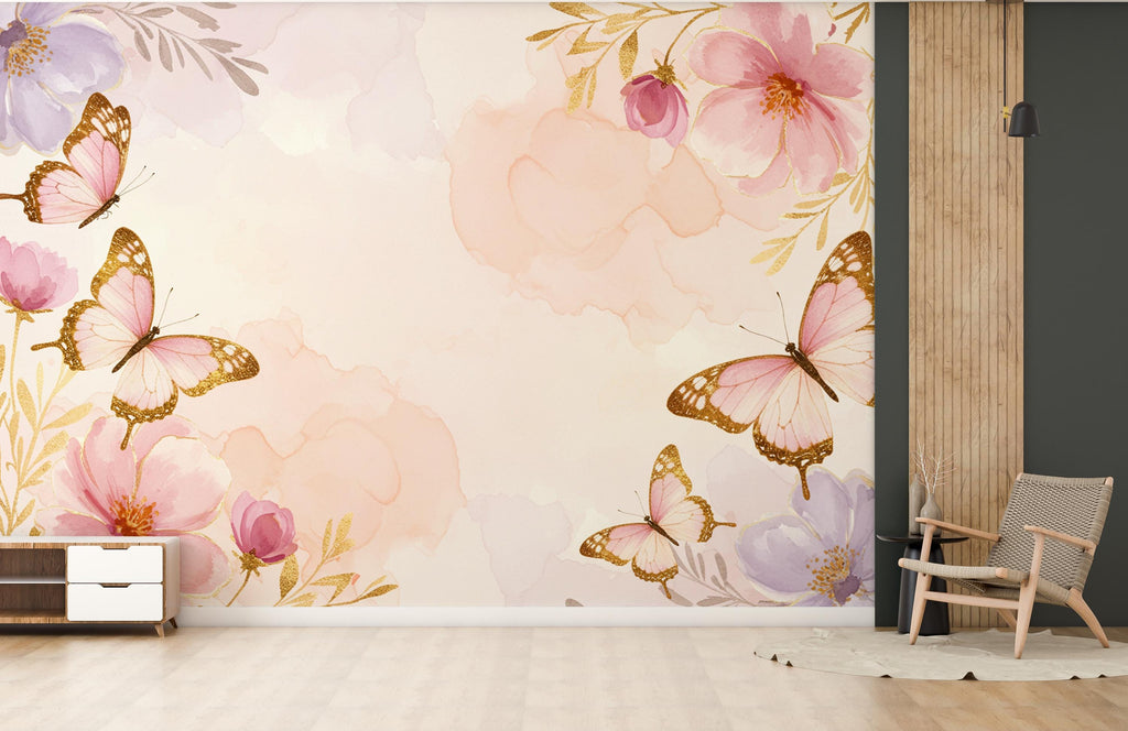 Butterfly and Flower Wallpaper Mural – Blush Pink Peonies, Gold Accents, Elegant Watercolor Wall Art for Girls Bedroom Nursery 884RS