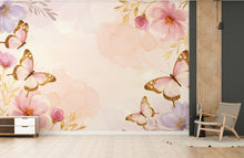 Load image into Gallery viewer, Butterfly and Flower Wallpaper Mural – Blush Pink Peonies, Gold Accents, Elegant Watercolor Wall Art for Girls Bedroom Nursery 884RS