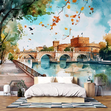 Load image into Gallery viewer, Rome Castel Sant’Angelo Wall Mural – Watercolor Italy Bridge &amp; River Wallpaper Vn923