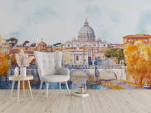 Load image into Gallery viewer, Rome St. Peter’s Basilica Wall Mural – Watercolor Vatican Bridge &amp; River Wallpaper Vn924
