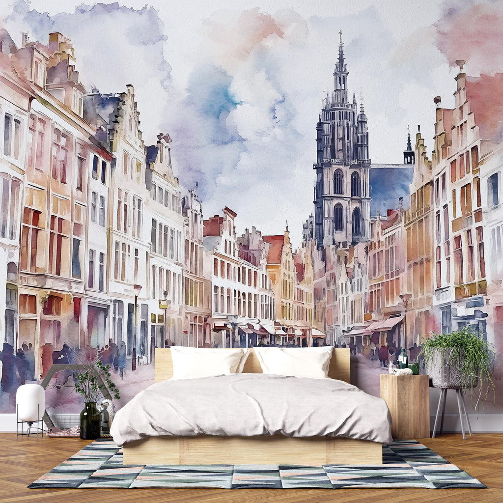 European Old Town Wallpaper – Watercolor 3D Wall Mural with Cathedral and City Street View – Bold Modern Stylish Wall Decor Gift