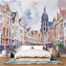 Load image into Gallery viewer, European Old Town Wallpaper – Watercolor 3D Wall Mural with Cathedral and City Street View – Bold Modern Stylish Wall Decor Gift