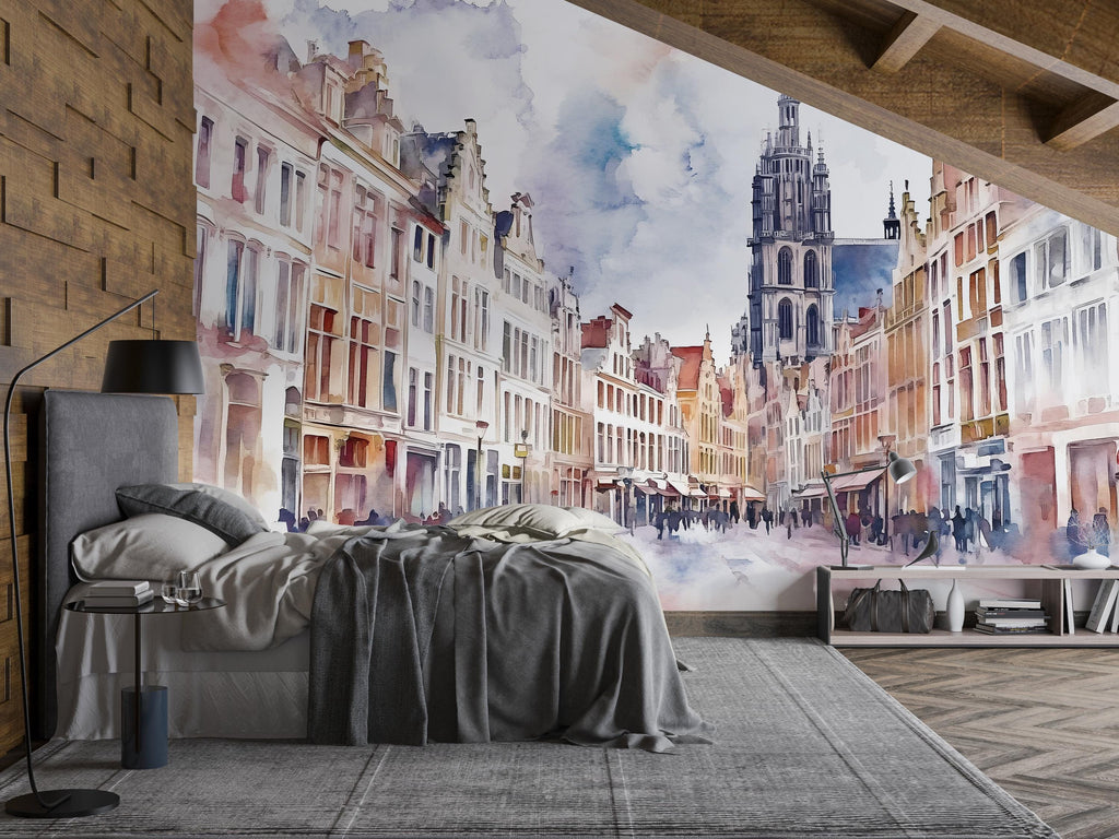 European Old Town Wallpaper – Watercolor 3D Wall Mural with Cathedral and City Street View – Bold Modern Stylish Wall Decor Gift