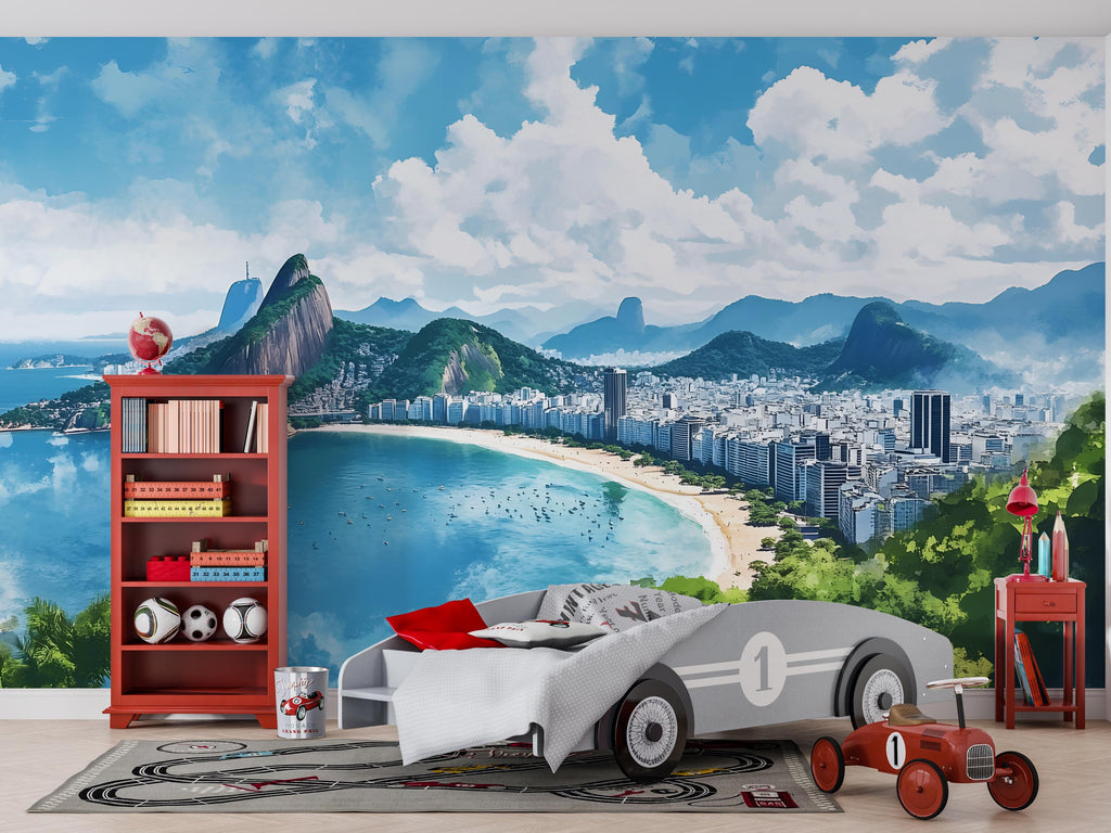 Rio de Janeiro Copacabana Beach Wallpaper – Watercolor 3D Wall Mural of Brazil Coastline Skyline – Bold Modern Stylish Wall Decor Gift