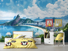 Load image into Gallery viewer, Rio de Janeiro Copacabana Beach Wallpaper – Watercolor 3D Wall Mural of Brazil Coastline Skyline – Bold Modern Stylish Wall Decor Gift