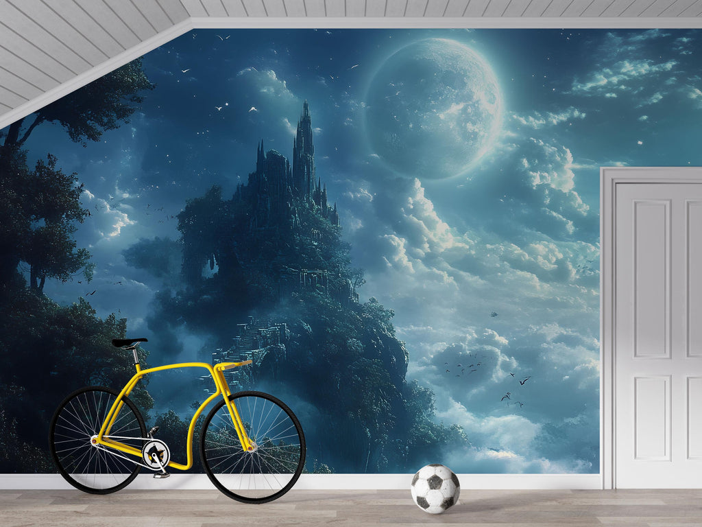 Moonlit Fantasy Castle Wallpaper – 3D Wall Mural For Kids Room, Boys Bedroom Decor, Magical Night Sky Wall Art, Dreamy Nursery Wallpaper