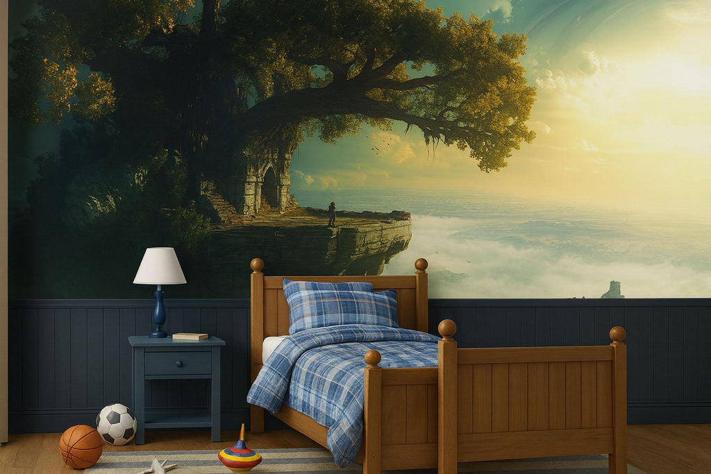 Fantasy Cliff Castle 3D Wallpaper Mural | Magical Tree Over Clouds Wall Art | Boys Girls Bedroom Decor | Enchanted Scenic Wall Covering