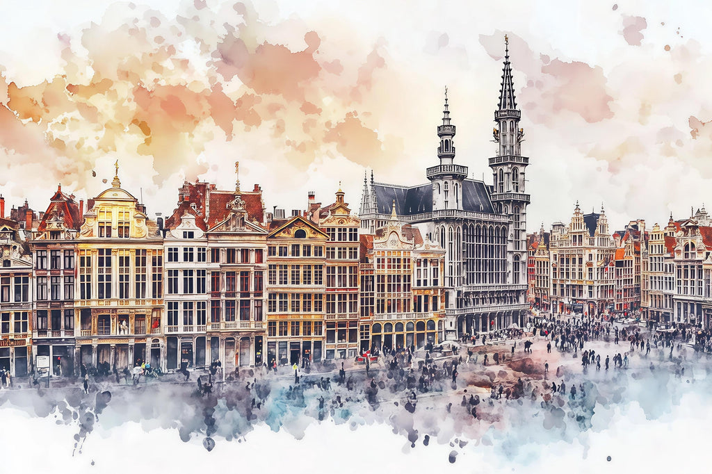 Brussels Grand Place Wallpaper – Watercolor 3D Wall Mural of Historic European City Square – Bold Modern Stylish Wall Decor Gift