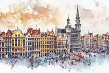 Load image into Gallery viewer, Brussels Grand Place Wallpaper – Watercolor 3D Wall Mural of Historic European City Square – Bold Modern Stylish Wall Decor Gift