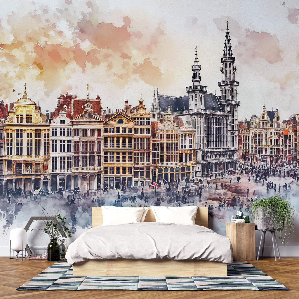 Brussels Grand Place Wallpaper – Watercolor 3D Wall Mural of Historic European City Square – Bold Modern Stylish Wall Decor Gift