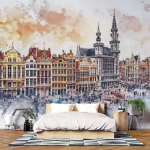 Load image into Gallery viewer, Brussels Grand Place Wallpaper – Watercolor 3D Wall Mural of Historic European City Square – Bold Modern Stylish Wall Decor Gift