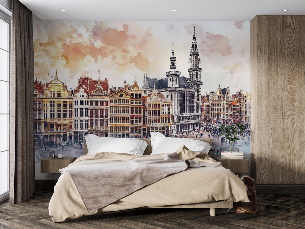 Brussels Grand Place Wallpaper – Watercolor 3D Wall Mural of Historic European City Square – Bold Modern Stylish Wall Decor Gift