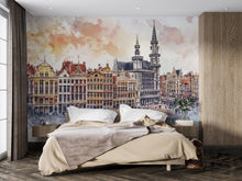 Load image into Gallery viewer, Brussels Grand Place Wallpaper – Watercolor 3D Wall Mural of Historic European City Square – Bold Modern Stylish Wall Decor Gift