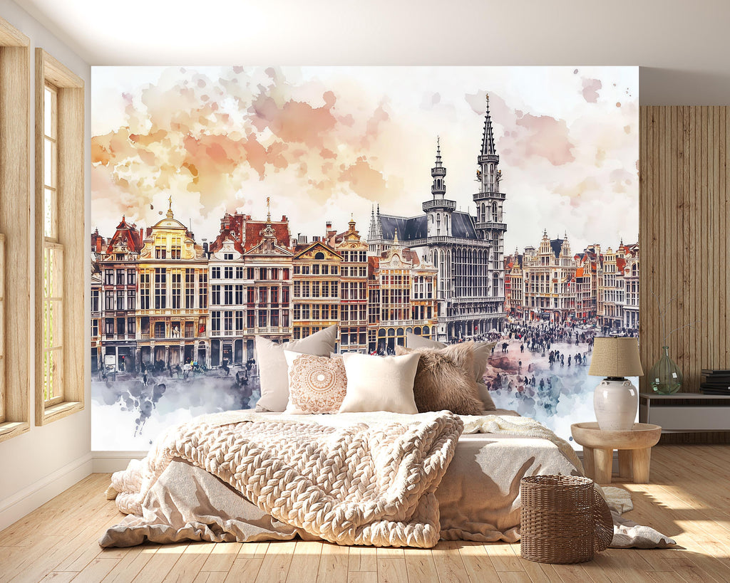 Brussels Grand Place Wallpaper – Watercolor 3D Wall Mural of Historic European City Square – Bold Modern Stylish Wall Decor Gift