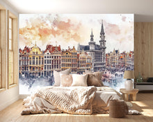Load image into Gallery viewer, Brussels Grand Place Wallpaper – Watercolor 3D Wall Mural of Historic European City Square – Bold Modern Stylish Wall Decor Gift