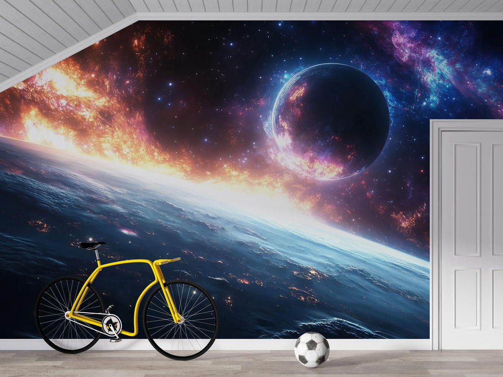 3D Galaxy Planet Wallpaper For Bedroom Or Living Room | Cosmic Wall Mural Space Decor | Modern Bold Kids Room Wall Art | Stylish Gift