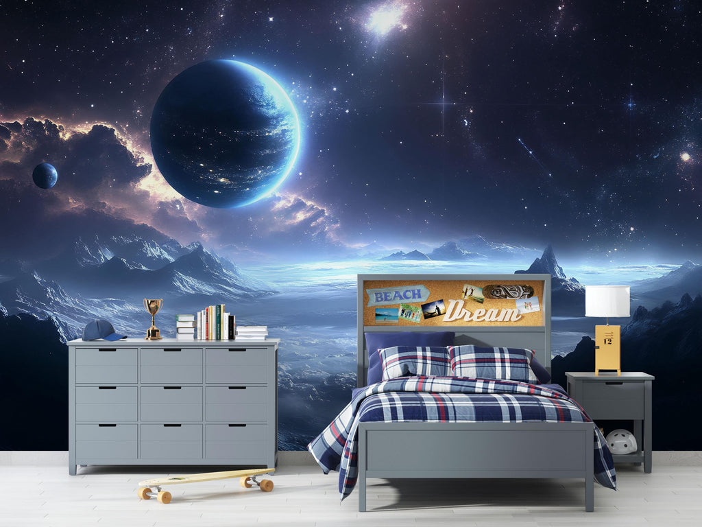 Galaxy Planet 3D Wallpaper For Kids Room | Outer Space Wall Mural | Modern Boys Bedroom Decor | Stylish Cosmic Wall Art | Astronomy Gift