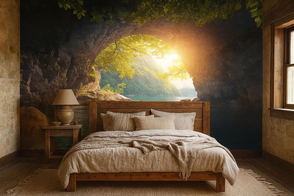 Rustic Cave Arch Sunset View 3D Wallpaper, Nature Wall Mural with Lake and Mountains, Rustic Bedroom Decor, Bold Modern Wall Art Gift Idea