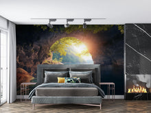 Load image into Gallery viewer, Rustic Cave Arch Sunset View 3D Wallpaper, Nature Wall Mural with Lake and Mountains, Rustic Bedroom Decor, Bold Modern Wall Art Gift Idea