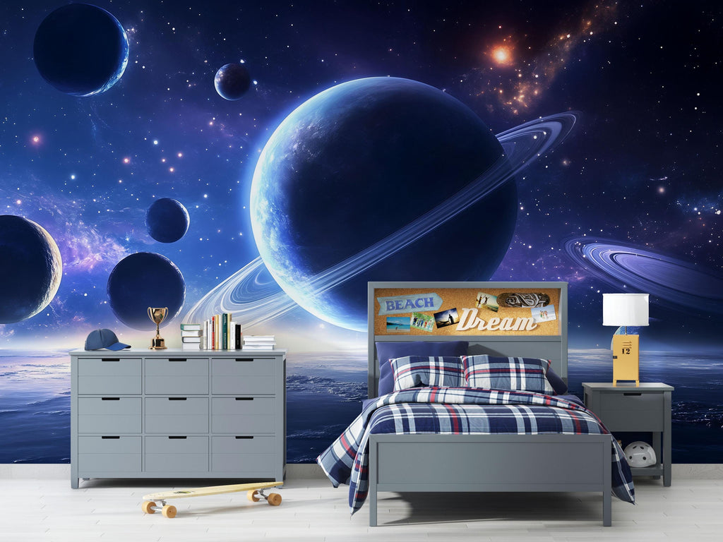 3D Space Planets Wallpaper For Bedroom Living Room Kids Room | Modern Galaxy Wall Mural Bold Stylish Wall Decor | Outer Space Astronomy Gift