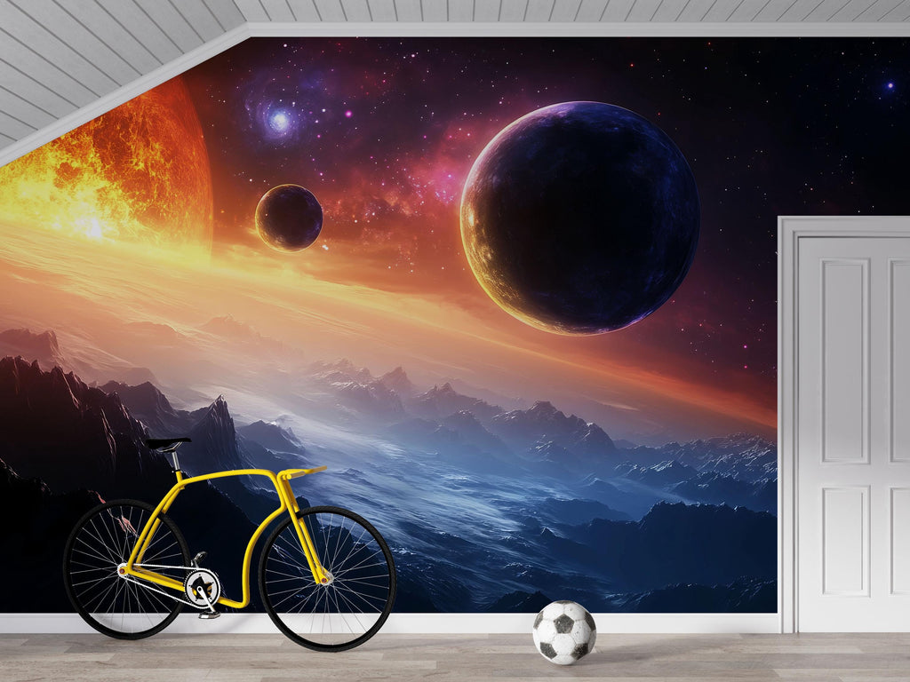 Galaxy Planets Space 3D Wallpaper Mural For Bedroom Living Room Kids Room Decor – Cosmic Outer Space Wall Art Stylish Modern Bold Home