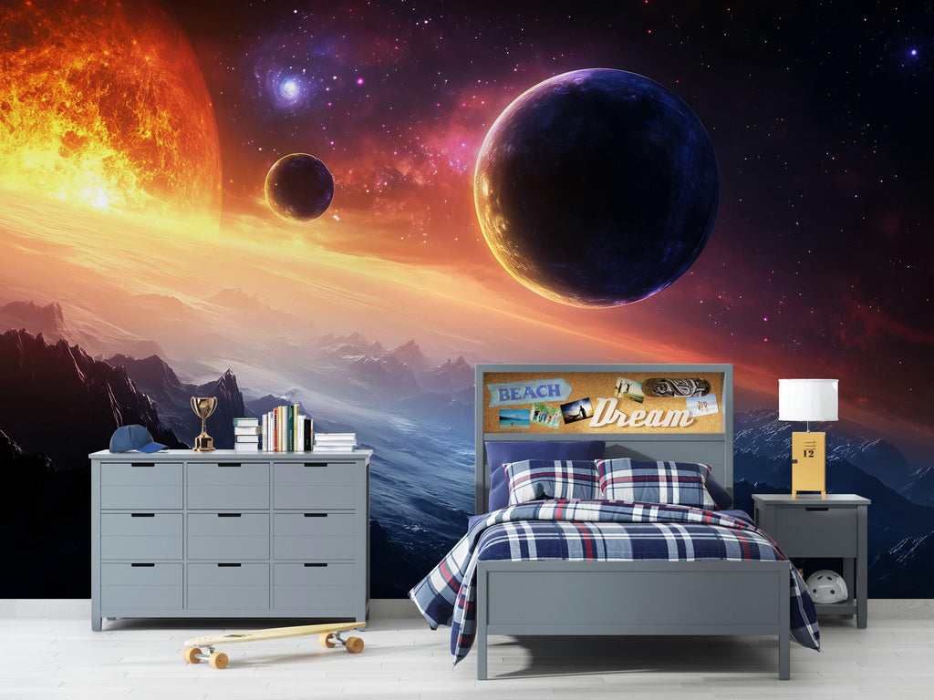 Galaxy Planets Space 3D Wallpaper Mural For Bedroom Living Room Kids Room Decor – Cosmic Outer Space Wall Art Stylish Modern Bold Home