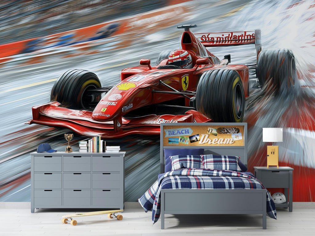 Formula 1 Racing Car 3D Wallpaper Mural | Boys Room Wall Decor | Modern Bold Sports Car Wall Art | Kids Bedroom Gift | Stylish Racing Wall