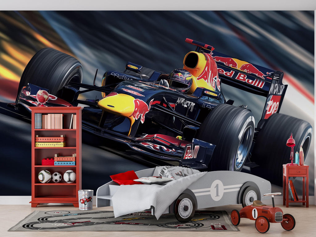 Formula 1 Racing Car 3D Wallpaper For Boys Bedroom | Sports Car Wall Mural | Formula 1 Racing Car Wallpaper | Modern Bold Stylish Wall Decor