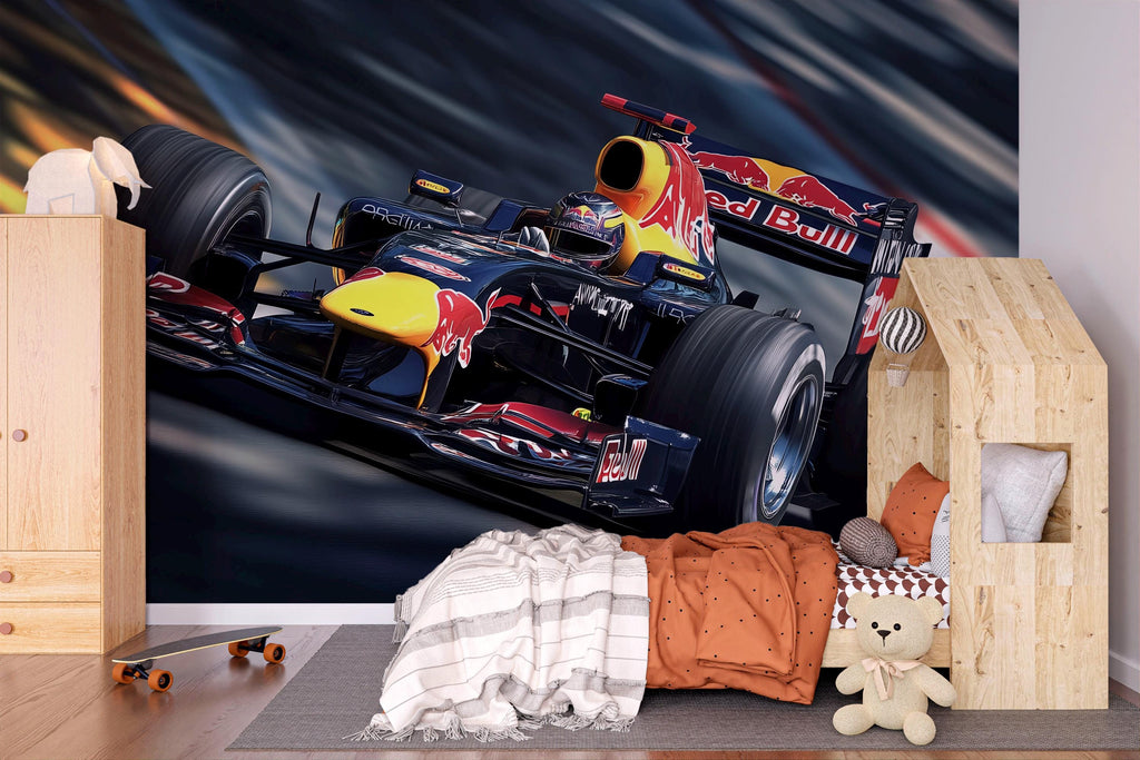 Formula 1 Racing Car 3D Wallpaper For Boys Bedroom | Sports Car Wall Mural | Formula 1 Racing Car Wallpaper | Modern Bold Stylish Wall Decor