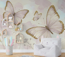 Load image into Gallery viewer, Butterfly and Flower Wallpaper Mural – Blush Pink Peonies, Gold Accents, Elegant Watercolor Wall Art for Girls Bedroom Nursery 885RS