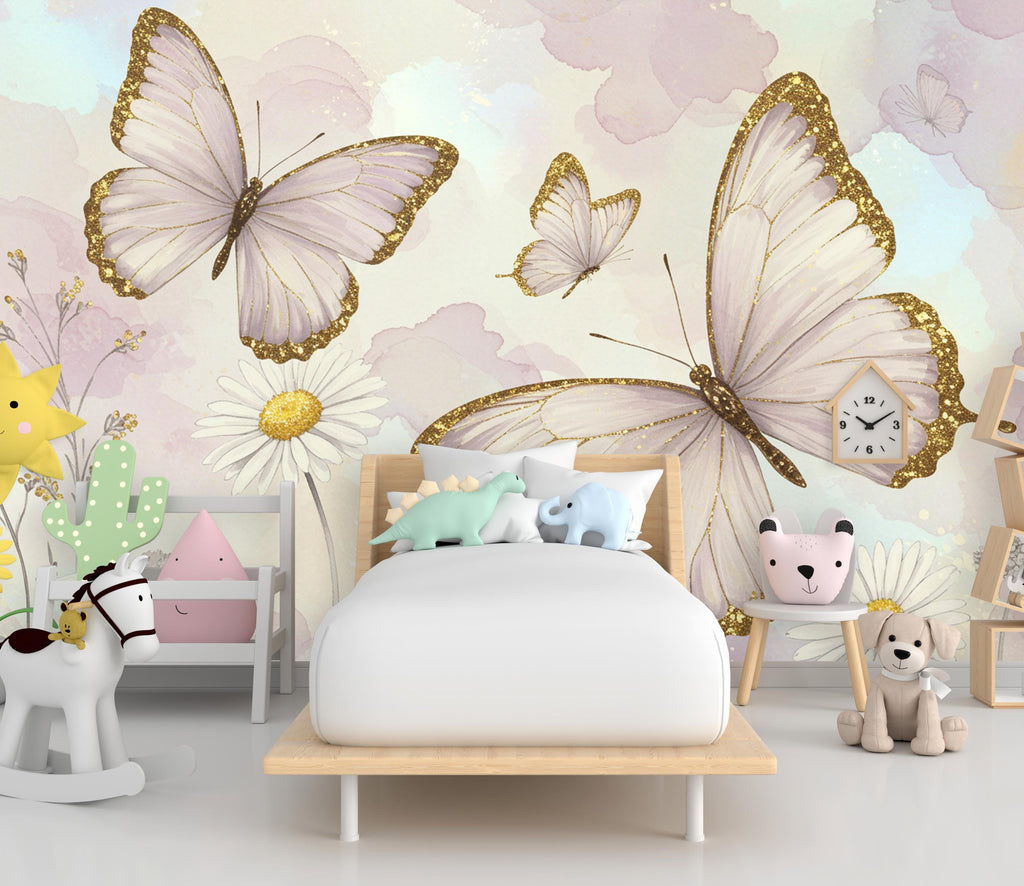 Butterfly and Flower Wallpaper Mural – Blush Pink Peonies, Gold Accents, Elegant Watercolor Wall Art for Girls Bedroom Nursery 885RS