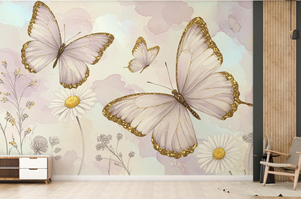 Butterfly and Flower Wallpaper Mural – Blush Pink Peonies, Gold Accents, Elegant Watercolor Wall Art for Girls Bedroom Nursery 885RS