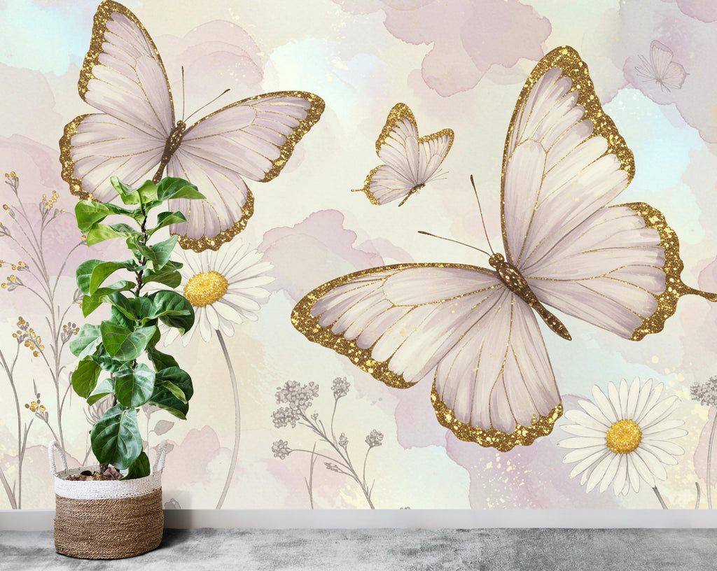 Butterfly and Flower Wallpaper Mural – Blush Pink Peonies, Gold Accents, Elegant Watercolor Wall Art for Girls Bedroom Nursery 885RS