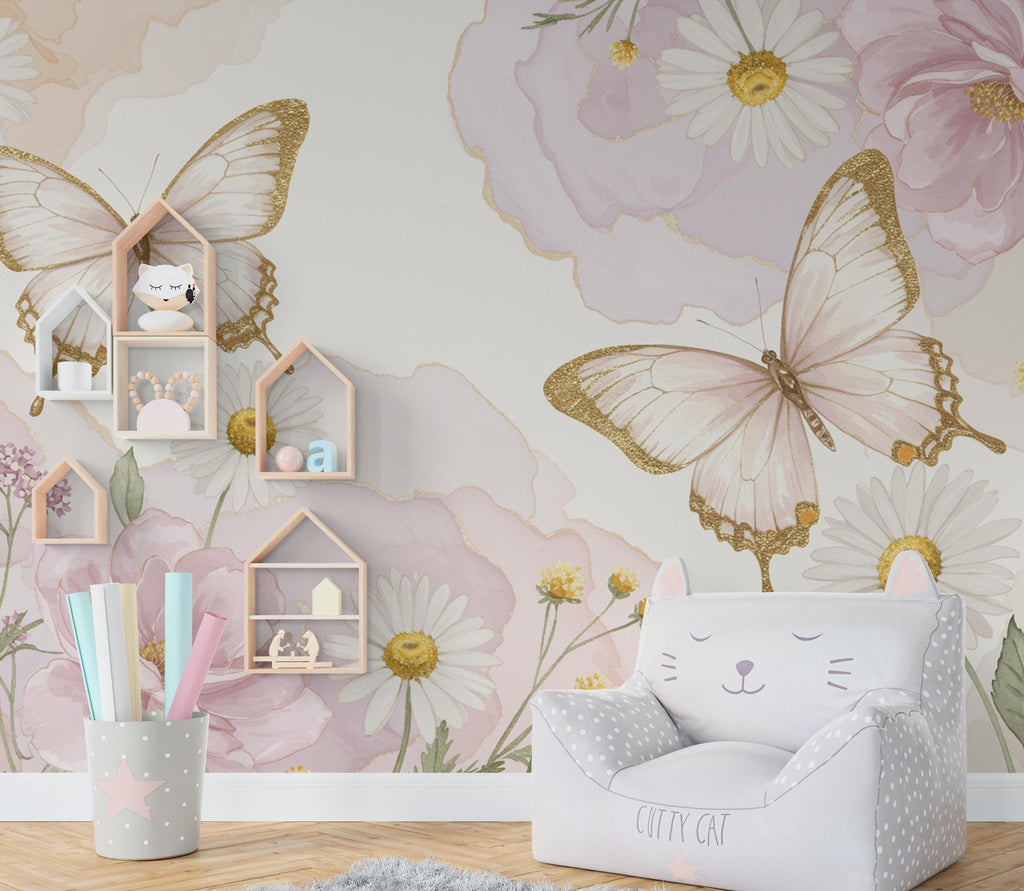 Butterfly and Flower Wallpaper Mural – Blush Pink Peonies, Gold Accents, Elegant Watercolor Wall Art for Girls Bedroom Nursery 886RS