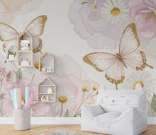 Load image into Gallery viewer, Butterfly and Flower Wallpaper Mural – Blush Pink Peonies, Gold Accents, Elegant Watercolor Wall Art for Girls Bedroom Nursery 886RS