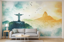 Load image into Gallery viewer, Rio de Janeiro Christ the Redeemer Wallpaper – Watercolor 3D Wall Mural with Sugarloaf Mountain Skyline – Bold Modern Stylish Wall Decor