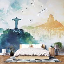Load image into Gallery viewer, Rio de Janeiro Christ the Redeemer Wallpaper – Watercolor 3D Wall Mural with Sugarloaf Mountain Skyline – Bold Modern Stylish Wall Decor