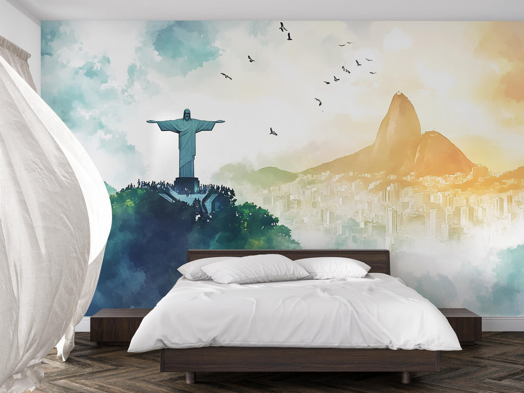 Rio de Janeiro Christ the Redeemer Wallpaper – Watercolor 3D Wall Mural with Sugarloaf Mountain Skyline – Bold Modern Stylish Wall Decor