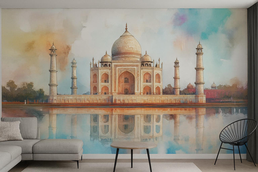 Taj Mahal Wallpaper – Watercolor 3D Wall Mural with Iconic Indian Landmark and Reflection – Bold Modern Stylish Wall Decor Gift