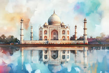 Load image into Gallery viewer, Taj Mahal Wallpaper – Watercolor 3D Wall Mural with Iconic Indian Landmark and Reflection – Bold Modern Stylish Wall Decor Gift