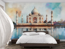 Load image into Gallery viewer, Taj Mahal Wallpaper – Watercolor 3D Wall Mural with Iconic Indian Landmark and Reflection – Bold Modern Stylish Wall Decor Gift