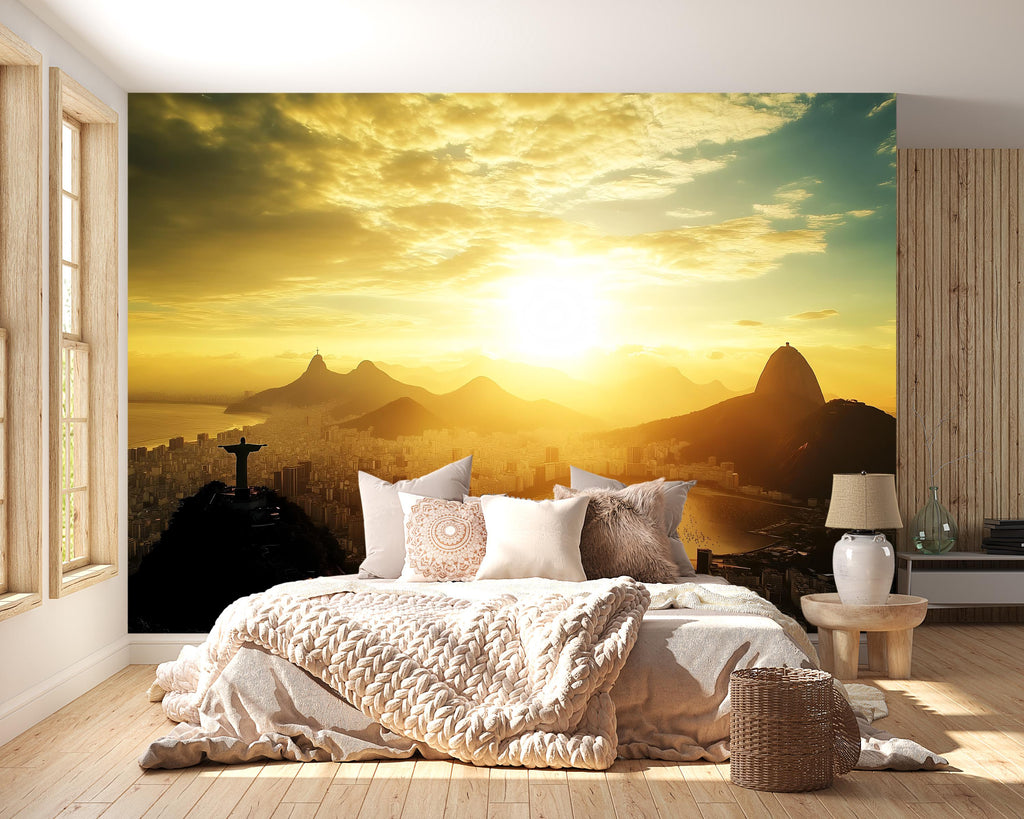 Rio de Janeiro Sunset Wallpaper – 3D Wall Mural with Christ the Redeemer Skyline and Golden City View – Bold Modern Stylish Wall Decor