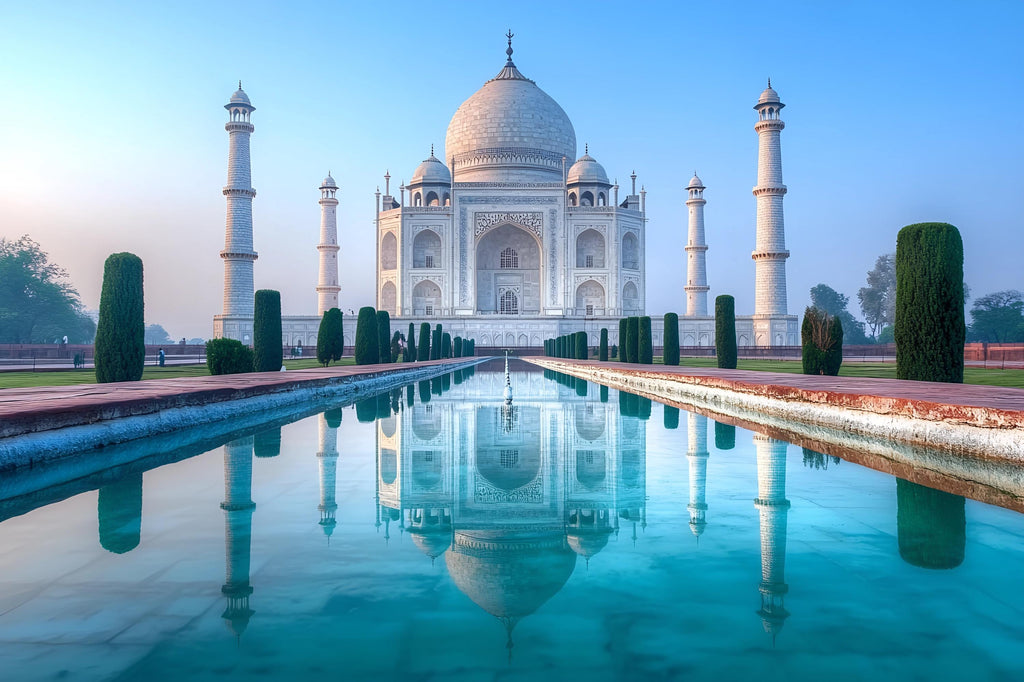 Taj Mahal Wallpaper – 3D Wall Mural with Water Reflection of Iconic Indian Landmark – Bold Modern Stylish Wall Decor Gift for Travel Lovers